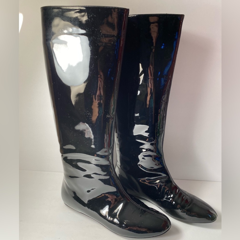 YSL Yves Saint Laurent vintage flat patent boots knee high black 36.5/6